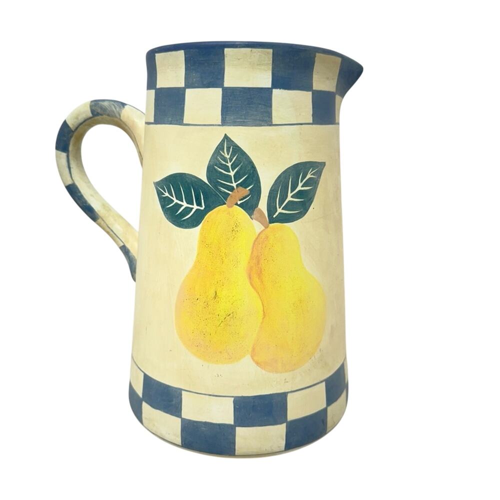 Vintage Farmhouse Style Pear Checkered Pottery Pitcher Decor 90s Sara Scott